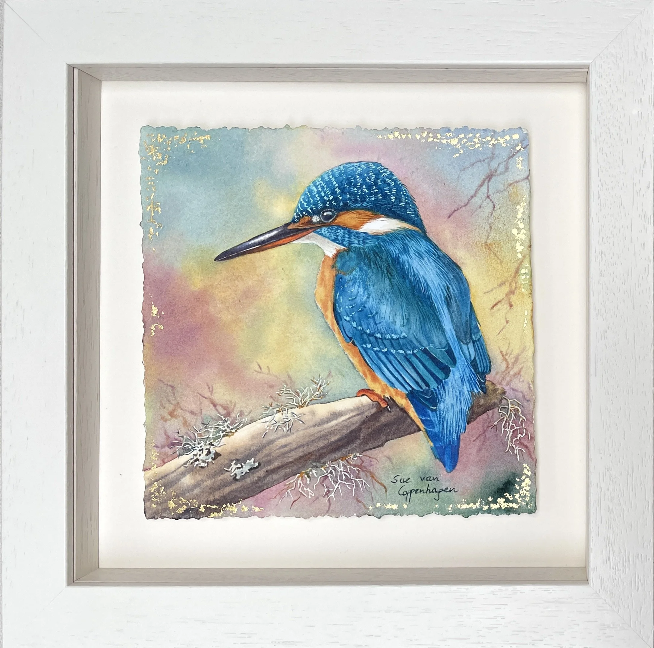 Watercolour painting of a kingfisher bird in an off-white frame