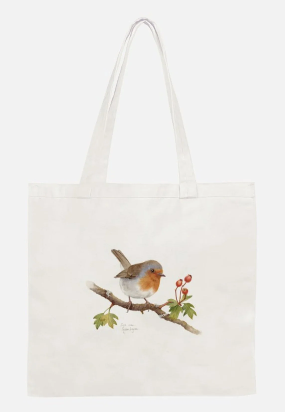 White canvas tote bag with image of a red breasted robin on a hawthorn branch with berries