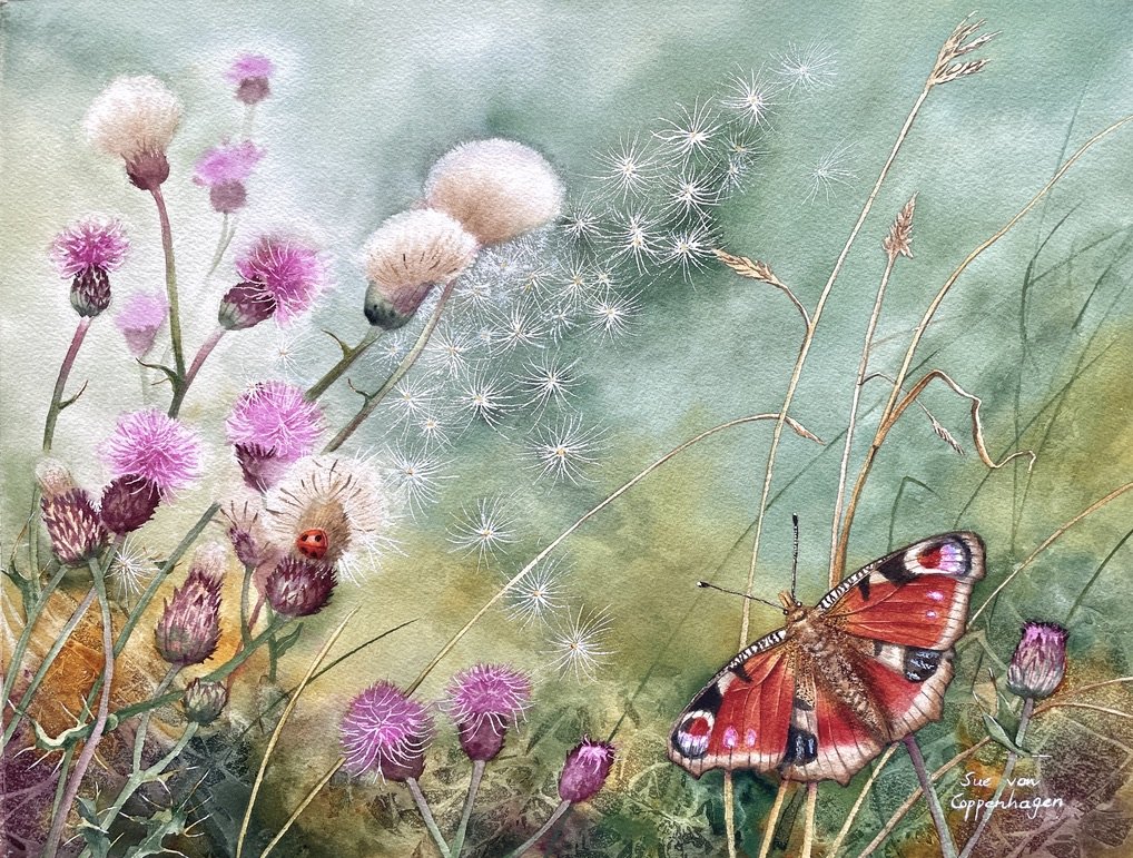 Painting of a peacock butterfly on a green background with purple thistle flowers and blowing thistledown and grasses