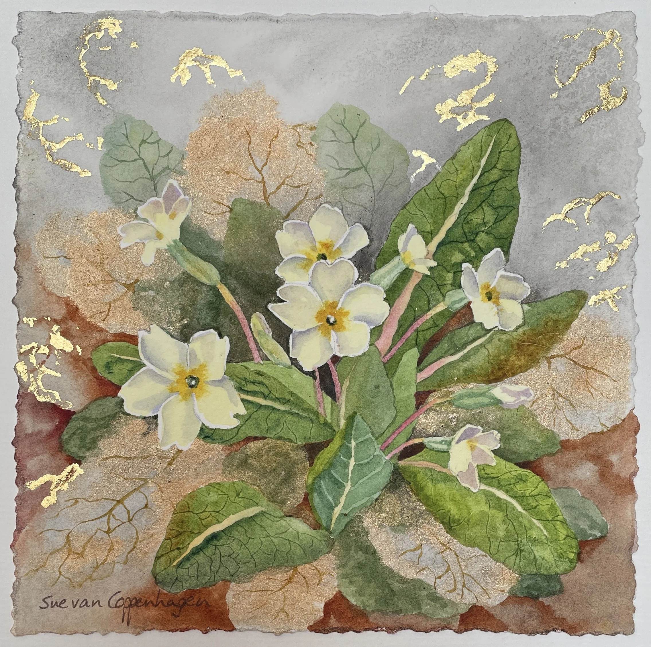 Pale yellow primrose flower with their deeply textured green leaves on a background of pale greys and red-browns, and outline leaf shapes in gold leaf