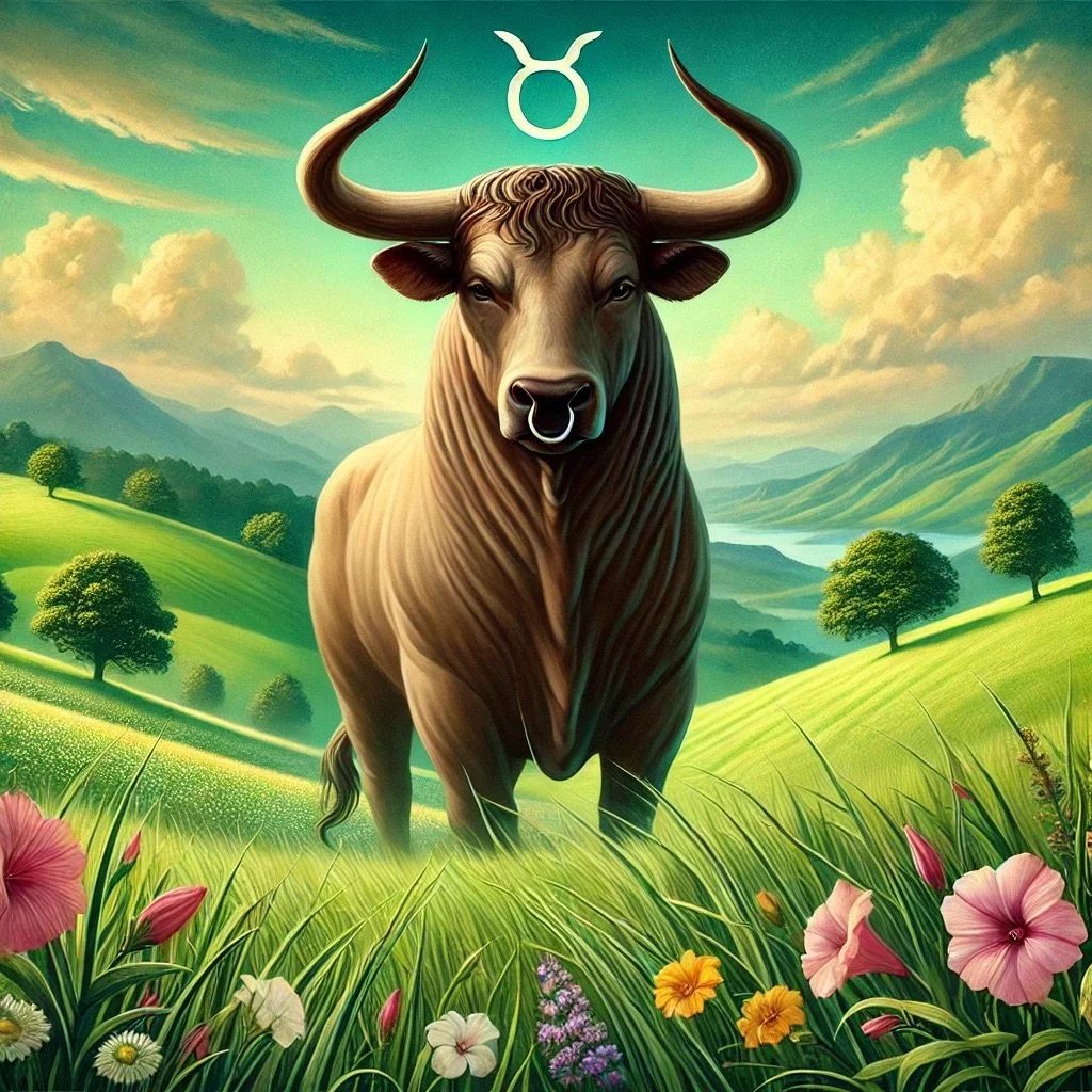 DALL·E 2024-10-03 19.36.13 - A serene and strong depiction of the Taurus zodiac symbol, featuring a powerful bull standing proudly in a lush, green field. The bull has a calm yet .jpeg