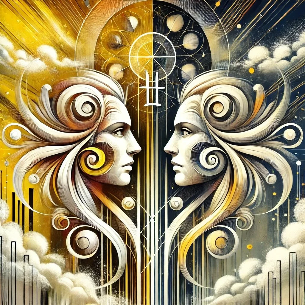 DALL·E 2024-10-03 20.24.38 - A dynamic illustration of the Gemini zodiac symbol, featuring two mirrored human figures or faces representing the twins. The figures are connected, s.jpeg