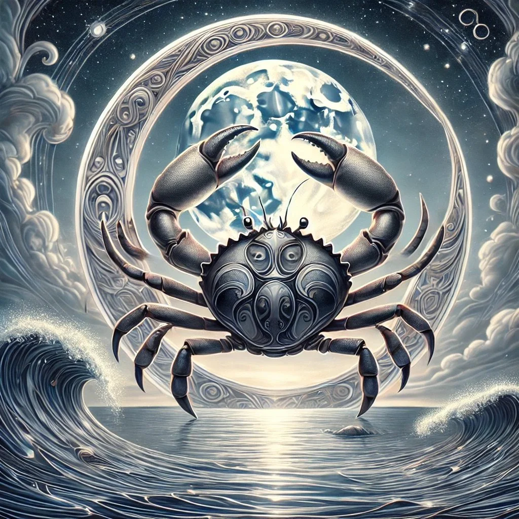 DALL·E 2024-10-03 20.25.02 - A serene and mystical illustration of the Cancer zodiac symbol, featuring a crab emerging from the sea under the soft glow of moonlight. The crab is d.jpeg