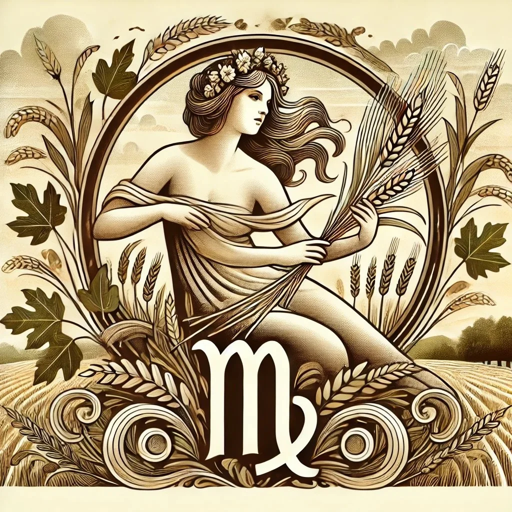 DALL·E 2024-10-05 18.00.17 - A graceful and earthy illustration of the Virgo zodiac symbol, featuring a maiden surrounded by nature. The maiden is depicted delicately, with flowin.jpeg