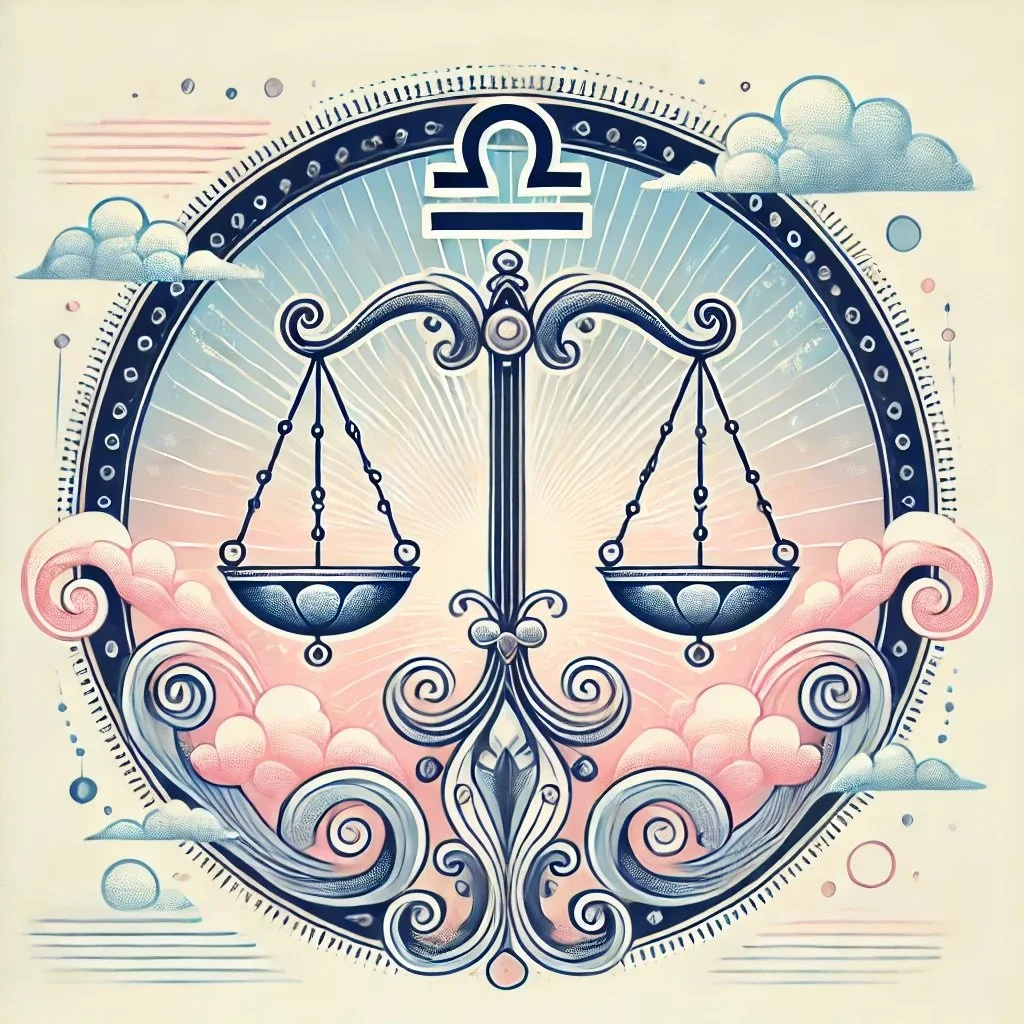 DALL·E 2024-10-05 18.00.22 - An elegant illustration of the Libra zodiac symbol, featuring perfectly balanced scales at the center. The scales are depicted with intricate details,.jpeg