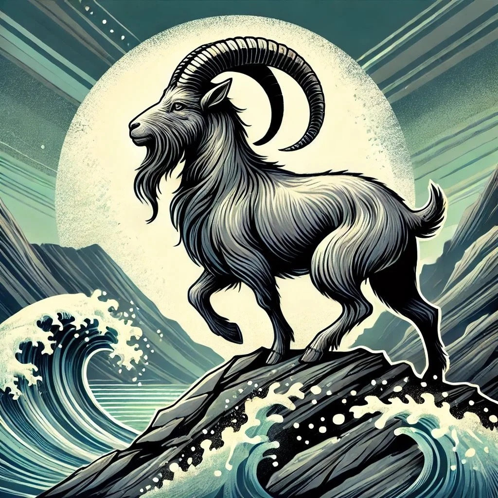 DALL·E 2024-10-06 21.08.15 - A majestic and determined illustration of the Capricorn zodiac symbol, featuring a sea-goat climbing rocky terrain with the ocean in the background. T.jpeg