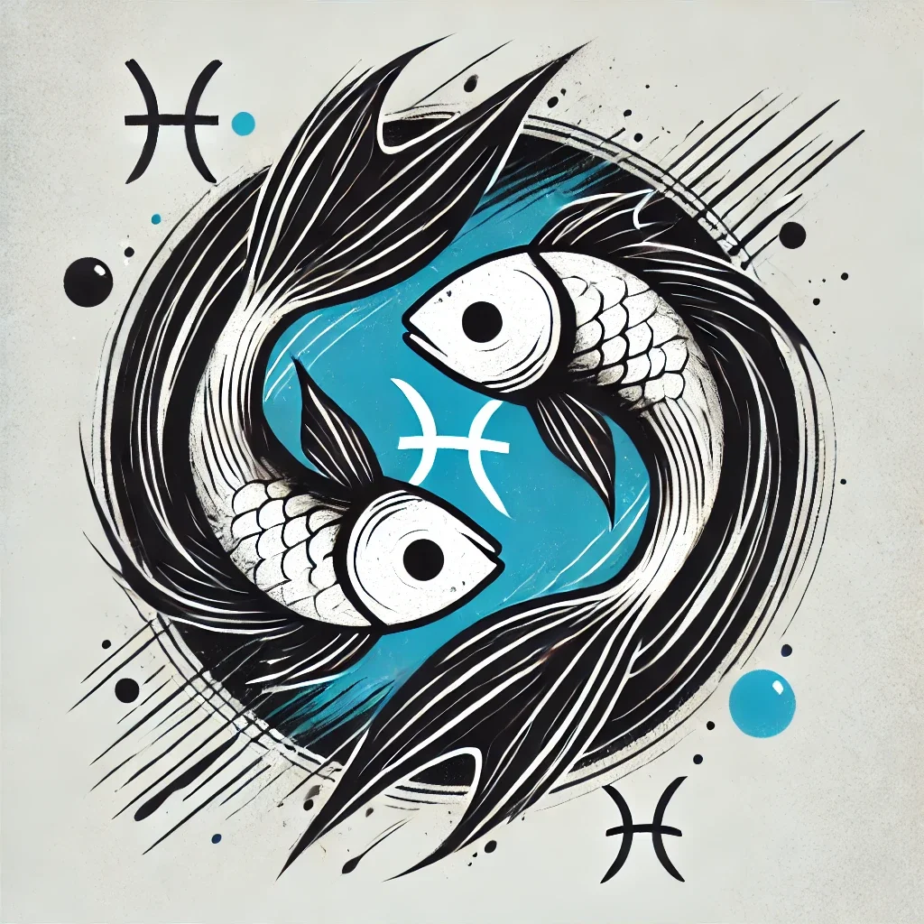 DALL·E 2024-10-23 20.39.20 - Minimalistic Pisces zodiac sign design, featuring two fish swimming in opposite directions, in a graffiti or old traditional tattoo style. The design .webp