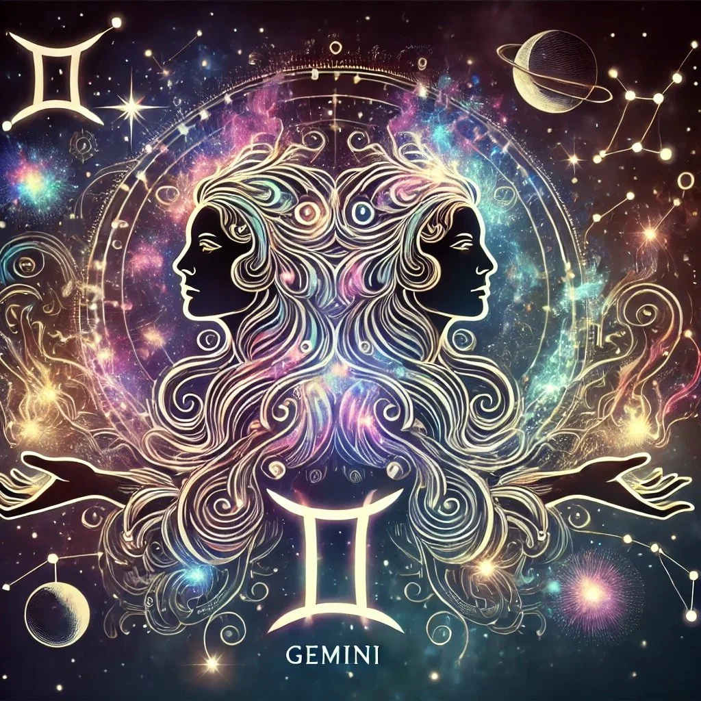 DALL·E 2025-02-19 16.27.34 - A mystical and artistic representation of Gemini, the zodiac sign. The design should be intricate and cosmic, featuring celestial twin figures with gl.jpeg