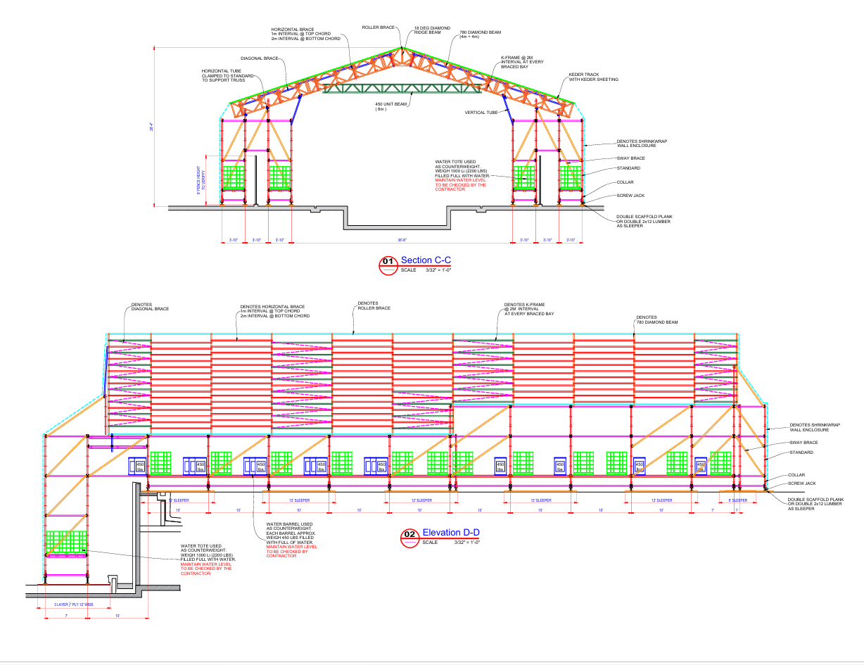 Engineered temporary roof system design showing scaffold supports, aluminum Diamond Beam™ trusses, Keder roof system, structural bracing, and counterweight layout for commercial construction.