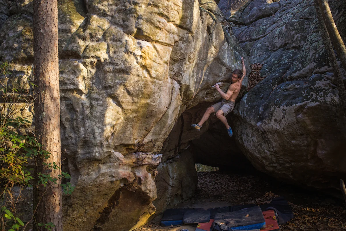 Seth Lytton on an ascent of Digital Scales (V9), Rock Town, GA.