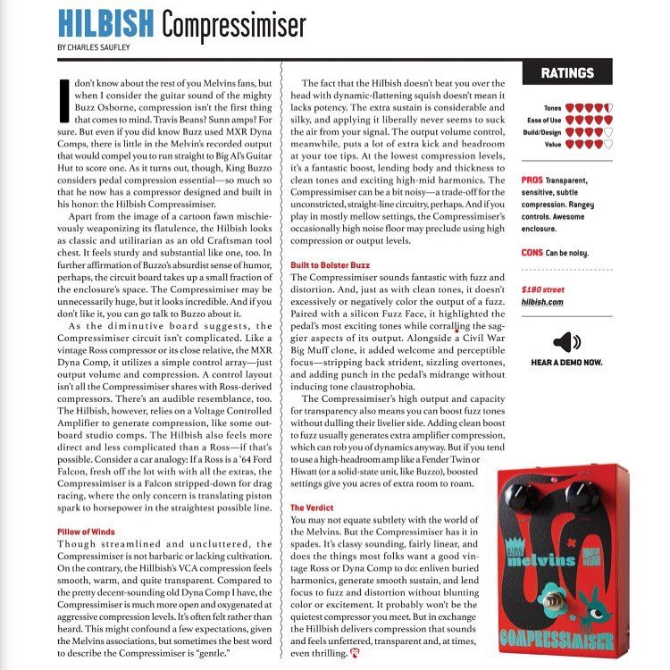 Look what showed up in the new issue of @premierguitar . The @melvinsdotcom @realkingbuzzo Compressimiser! Go check it out! #themelvins #kingbuzzo #hilbishdesign #compressimiser #pedalsandeffects