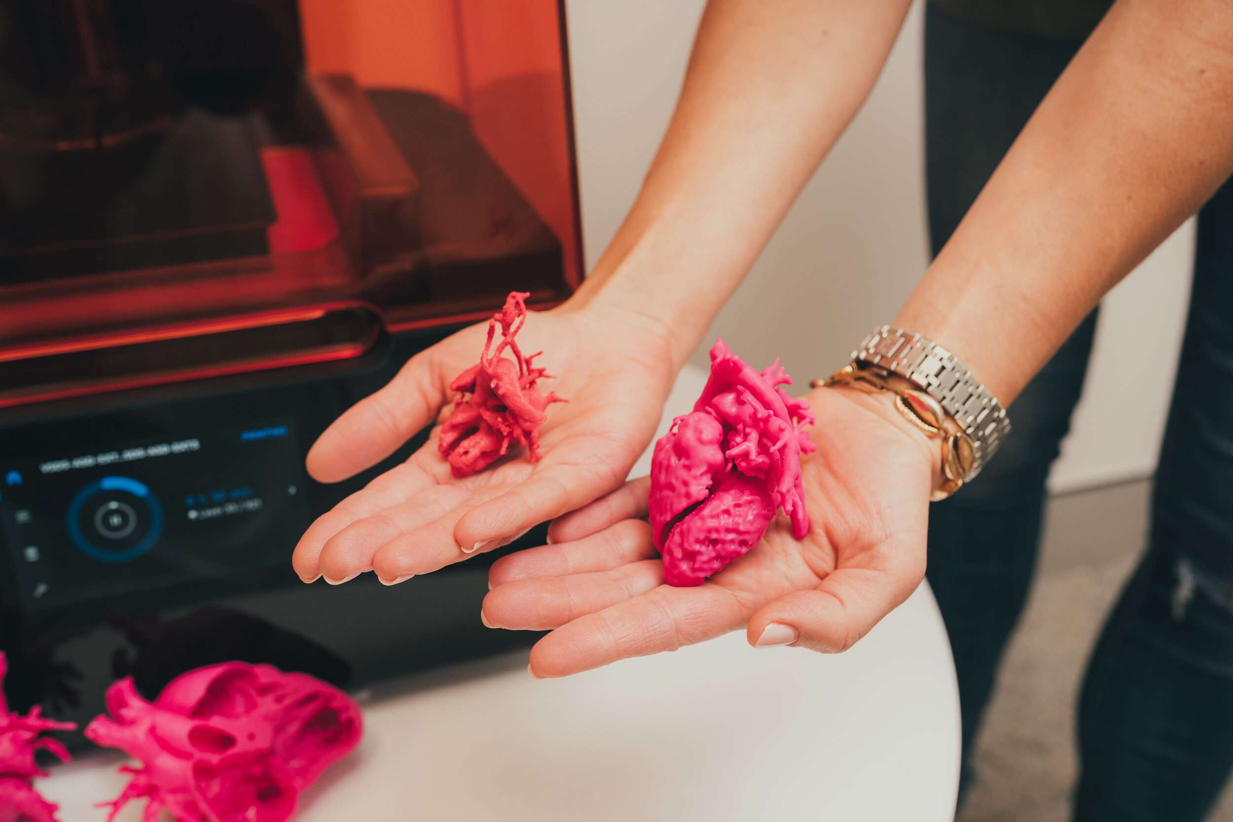 close up of 2 different sized 3d printed hearts