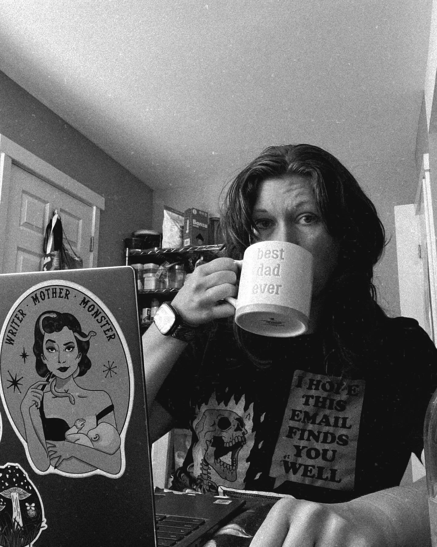 Absolutely haggard morning photo to give you a glimpse into my writing station for the last few weeks: the kids&rsquo; craft table in the corner of the kitchen. 

#howdoyouwrite #wheredoyouwrite #sahm #wfhmom #writersofinstagram #authorsofinstagram #