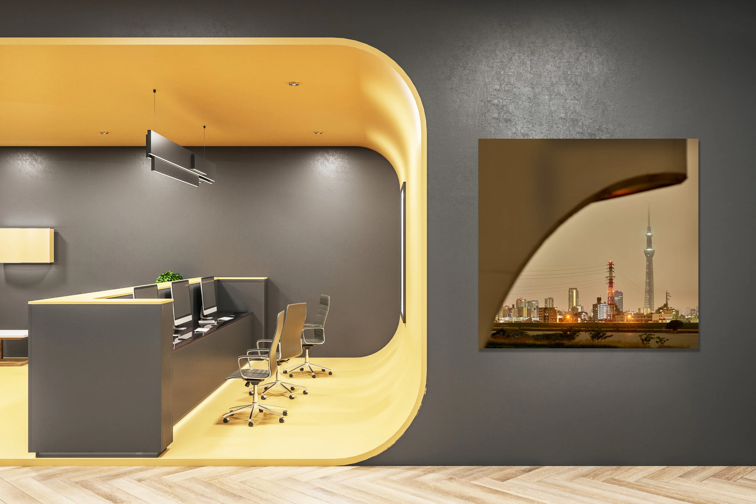 Yellow futuristic hotel interior with blank poster