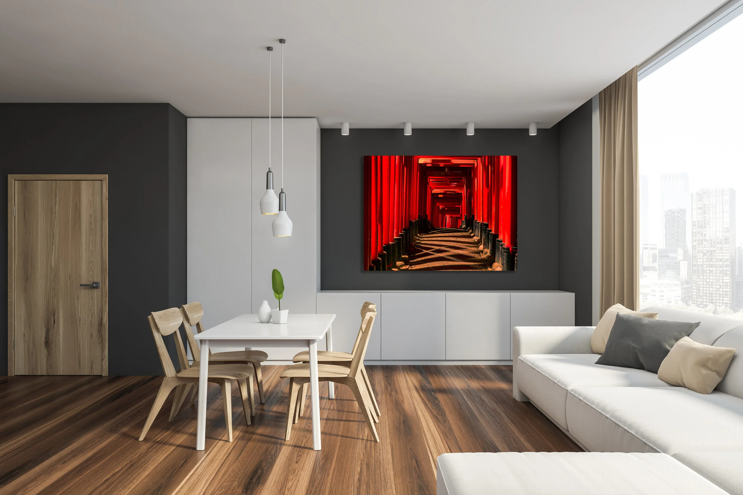 Gray dining room interior with sofa and poster