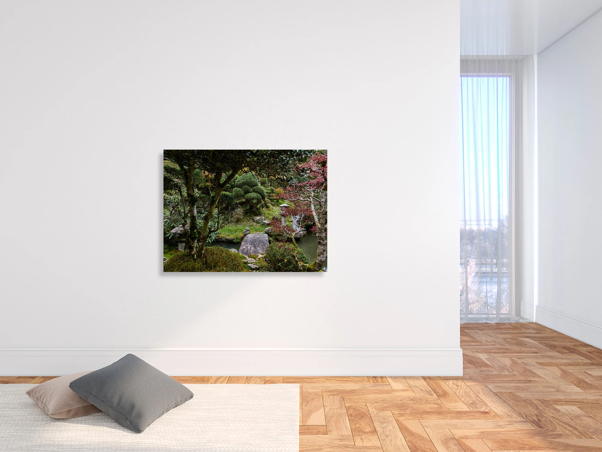 White blank wall empty interior with pillows, carpet, curtain an