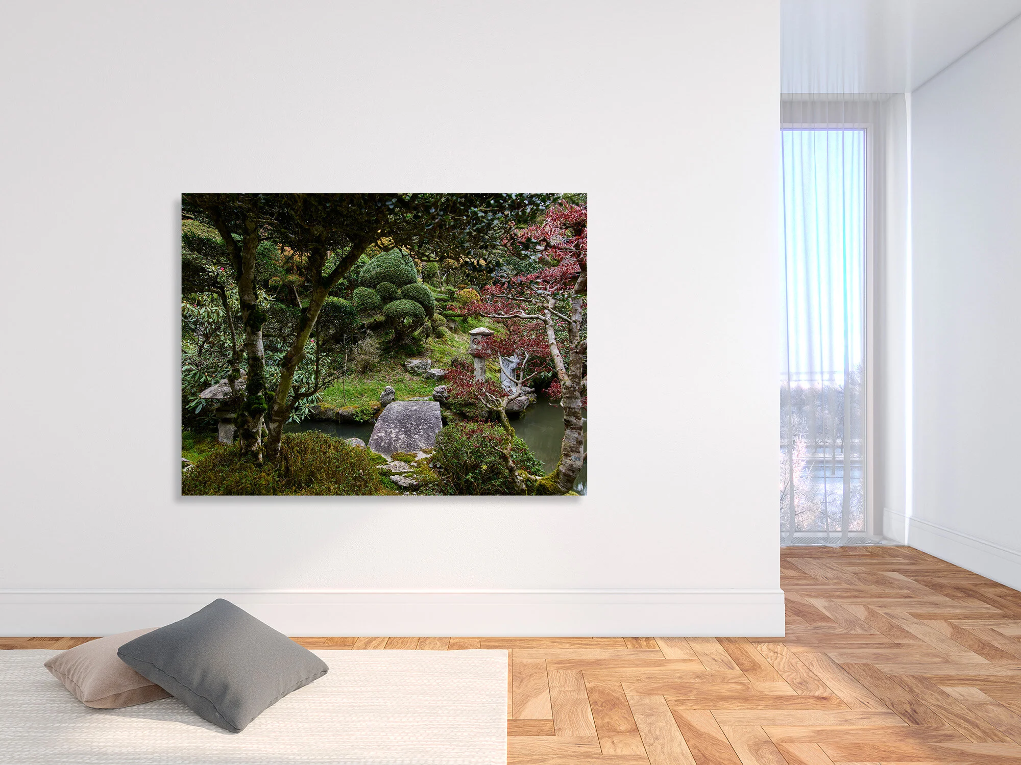 White blank wall empty interior with pillows, carpet, curtain an