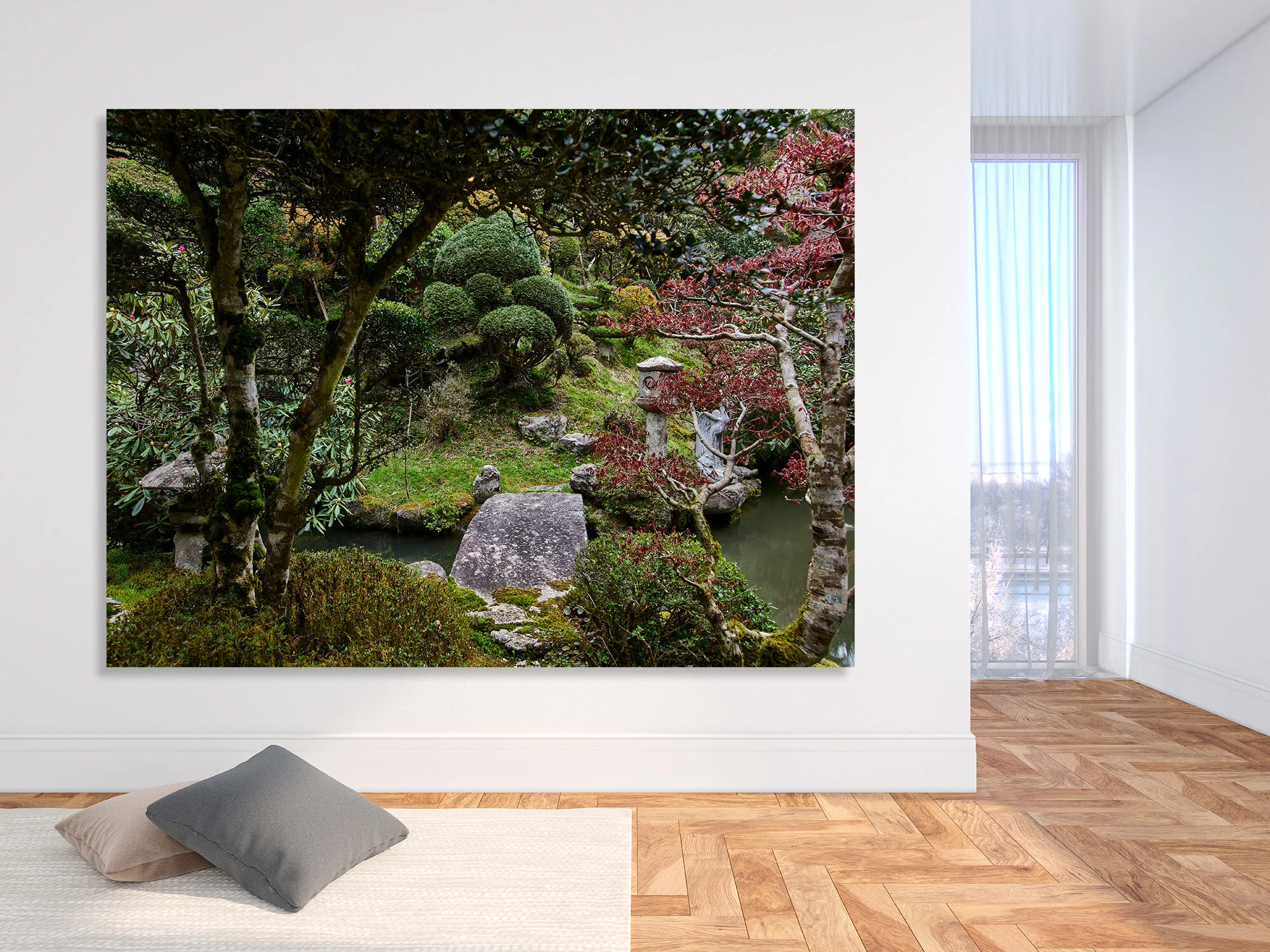 White blank wall empty interior with pillows, carpet, curtain an