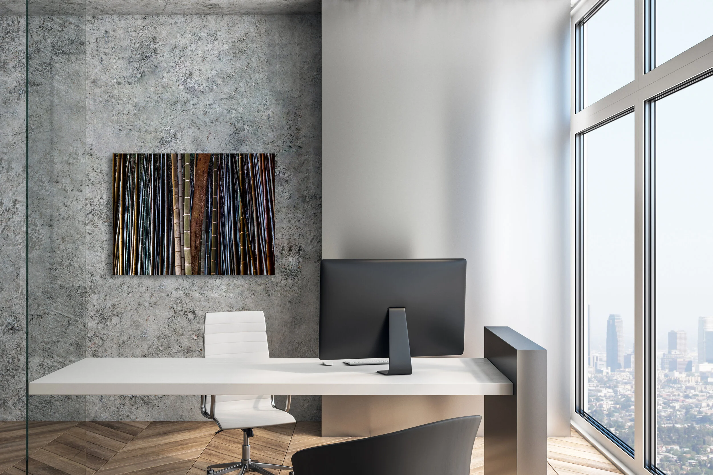 Executive workplace in a modern interior with blank picture fram