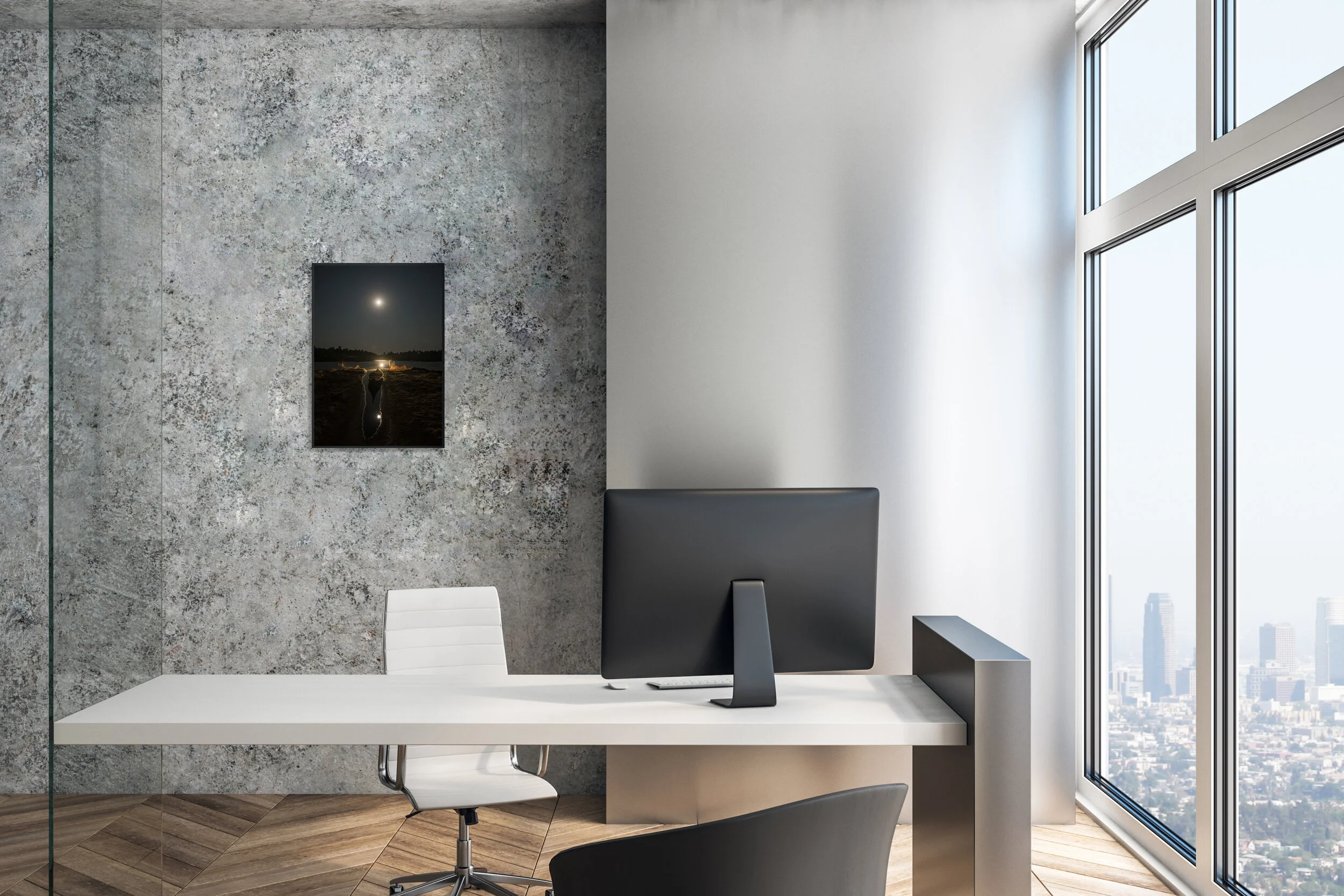 Executive workplace in a modern interior with blank picture fram