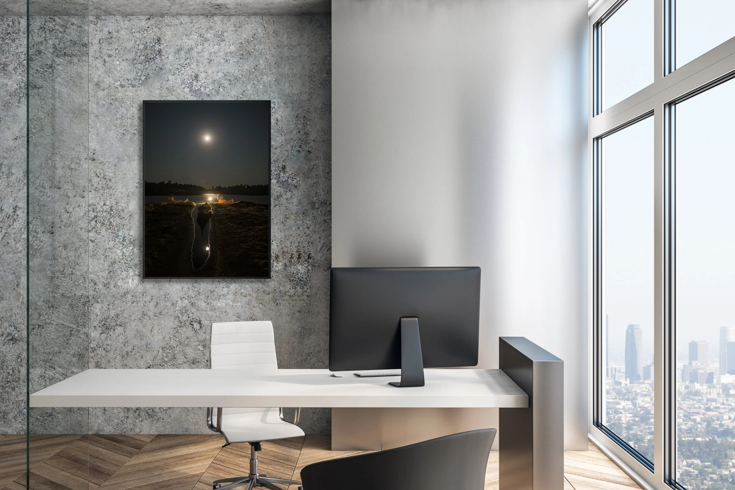 Executive workplace in a modern interior with blank picture fram