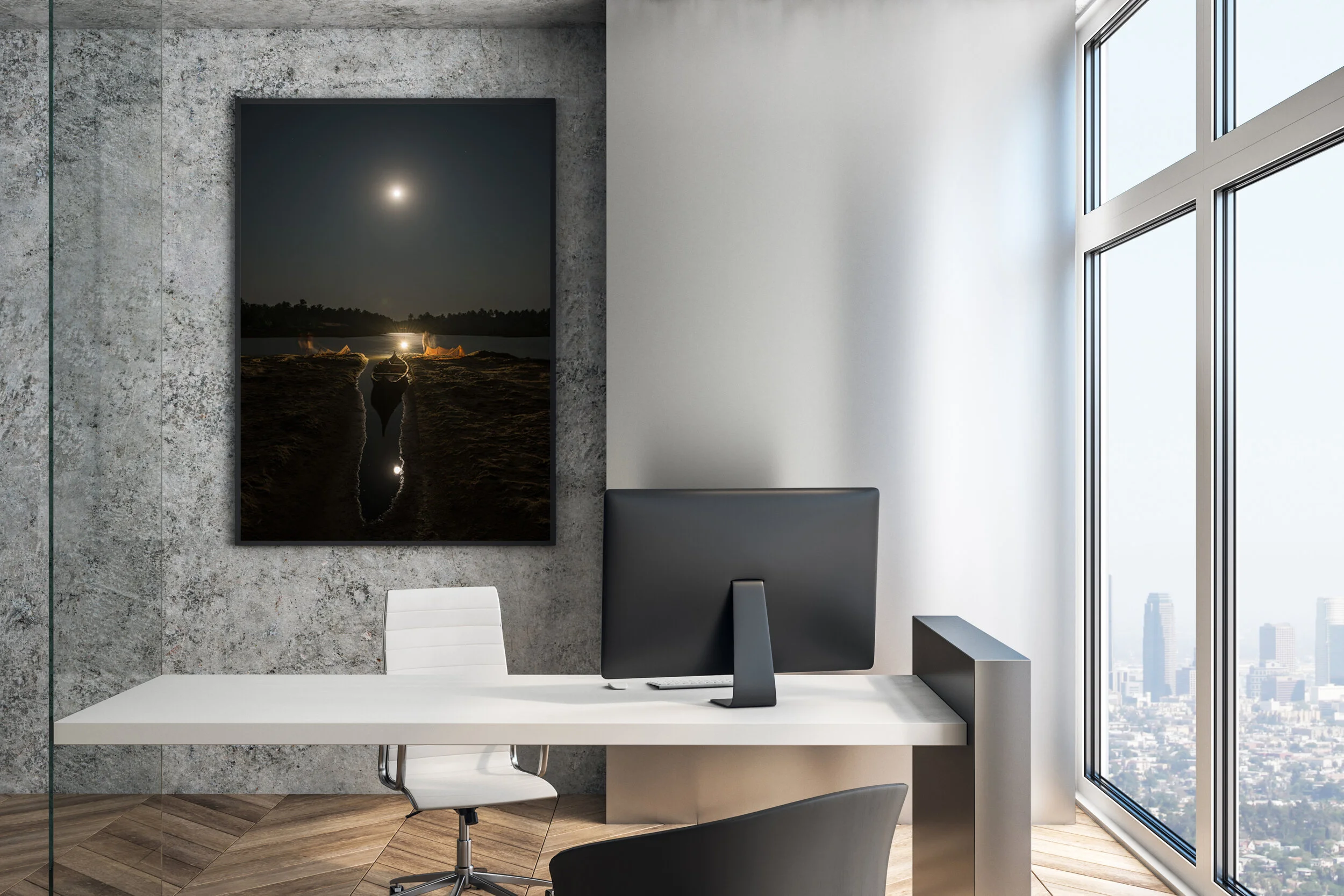 Executive workplace in a modern interior with blank picture fram
