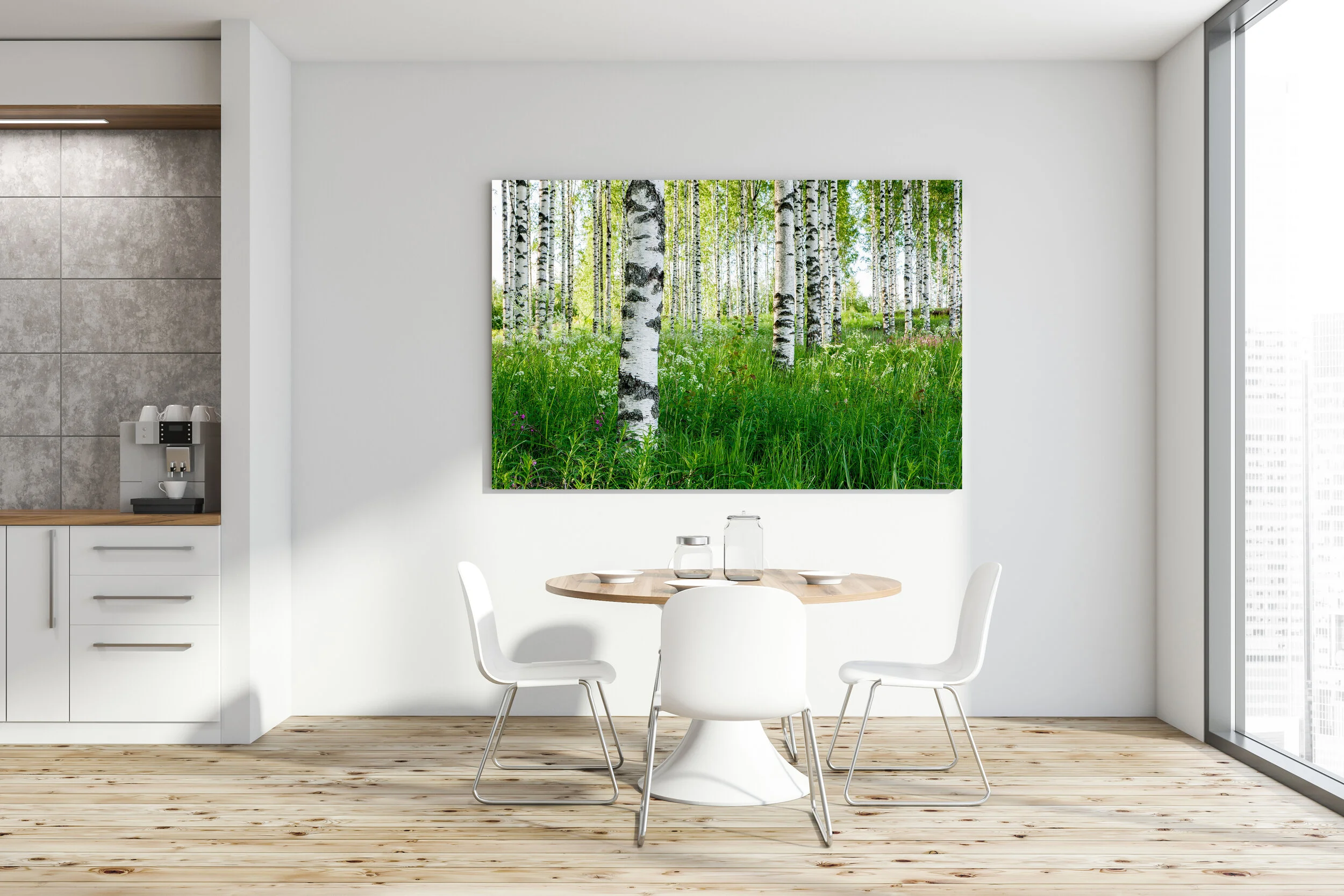 White kitchen with round table and poster