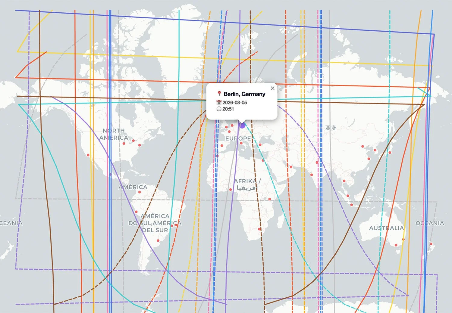 Astrocartography Weltkarte mit farbigen Planetlinien – künstlerische Visualisierung von Orten, die Kreativität, Reisen und Fotografie inspirieren.