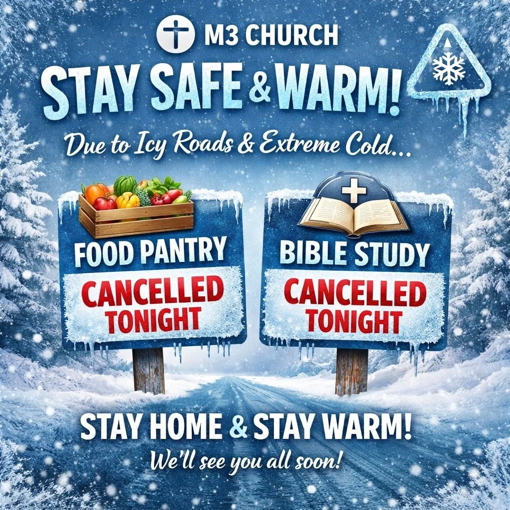 🚨 Weather Update 🚨
Because of icy road conditions and bitter cold, tonight&rsquo;s Food Pantry and Bible Study are cancelled.
Your safety comes first&mdash;please stay warm and off the roads! ❄️
#snowweather #richmond #chesterfield
