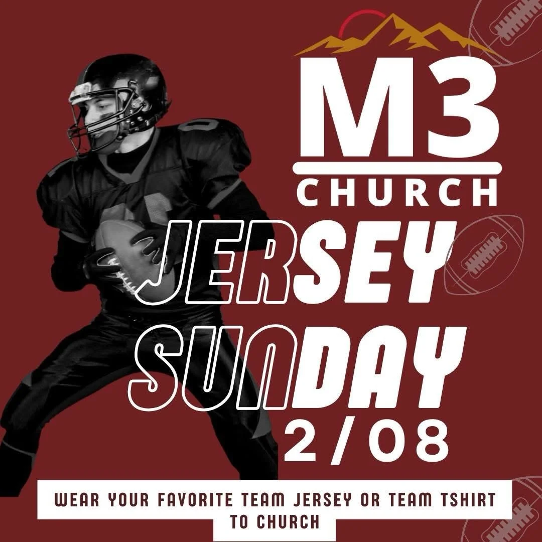 🏈🎉 Jersey Sunday at M3 Church! 🎉🏈

This Sunday, Feb 8th, rep your favorite team by wearing your jersey or team tee to church! Whether it&rsquo;s football, basketball, or your hometown squad&mdash;pull up in your colors and come ready to worship a