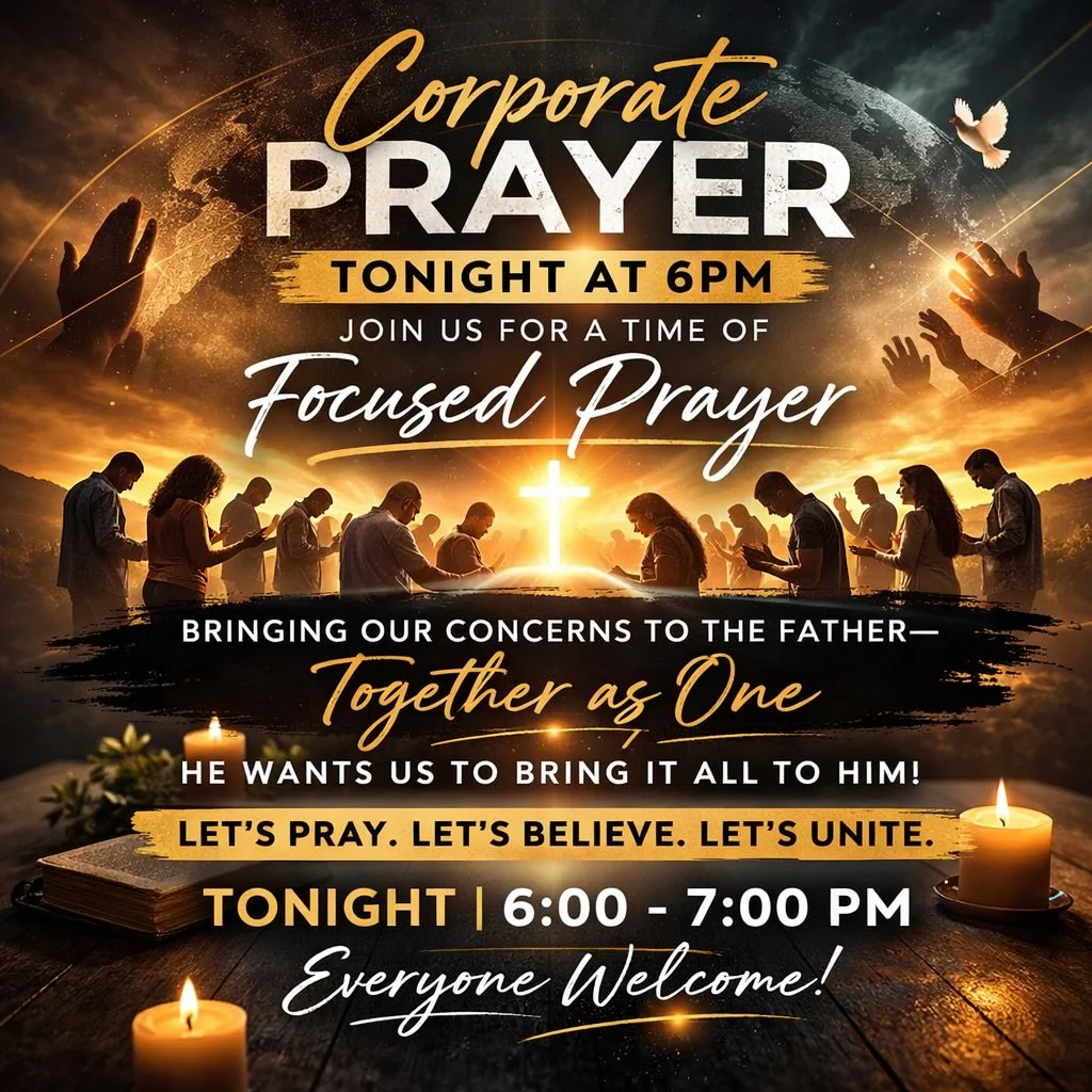 Reminder: Corporate Prayer is tonight at 6PM (6&ndash;7PM) 🙏🏽✨
Family, let&rsquo;s come together for a time of focused prayer. There&rsquo;s so much we need to bring to the Father&mdash;together as one.

Isn&rsquo;t it amazing that He invites us to