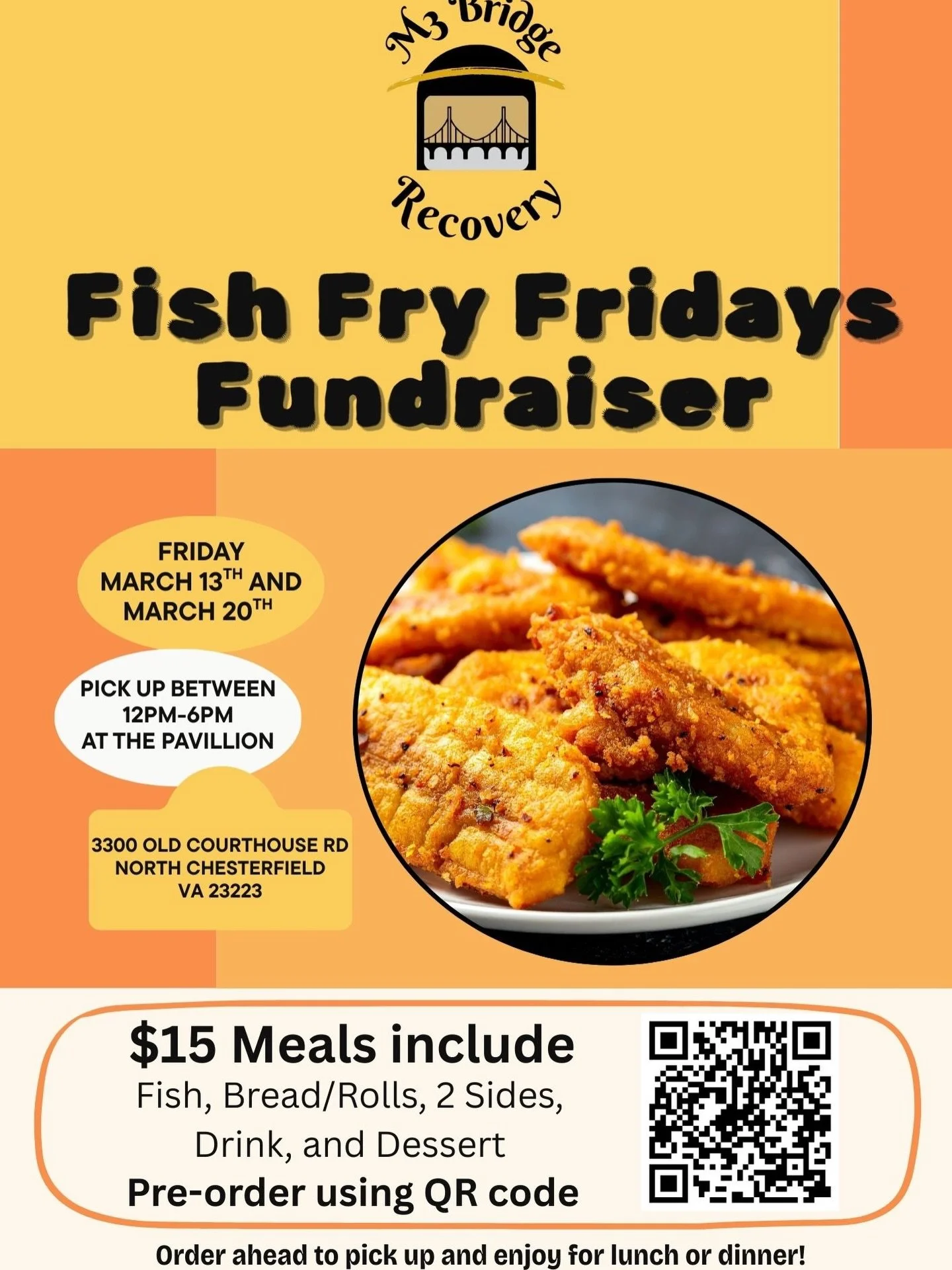 🐟🔥 Fish Fry Fridays are Back! 🔥🐟

Join M3 Bridge Recovery for our Fish Fry Fridays Fundraiser and enjoy a delicious meal while supporting a great cause!

📅 Fridays: March 13 &amp; March 20
⏰ Pick up between 12 PM &ndash; 6 PM
📍 The Pavilion
330