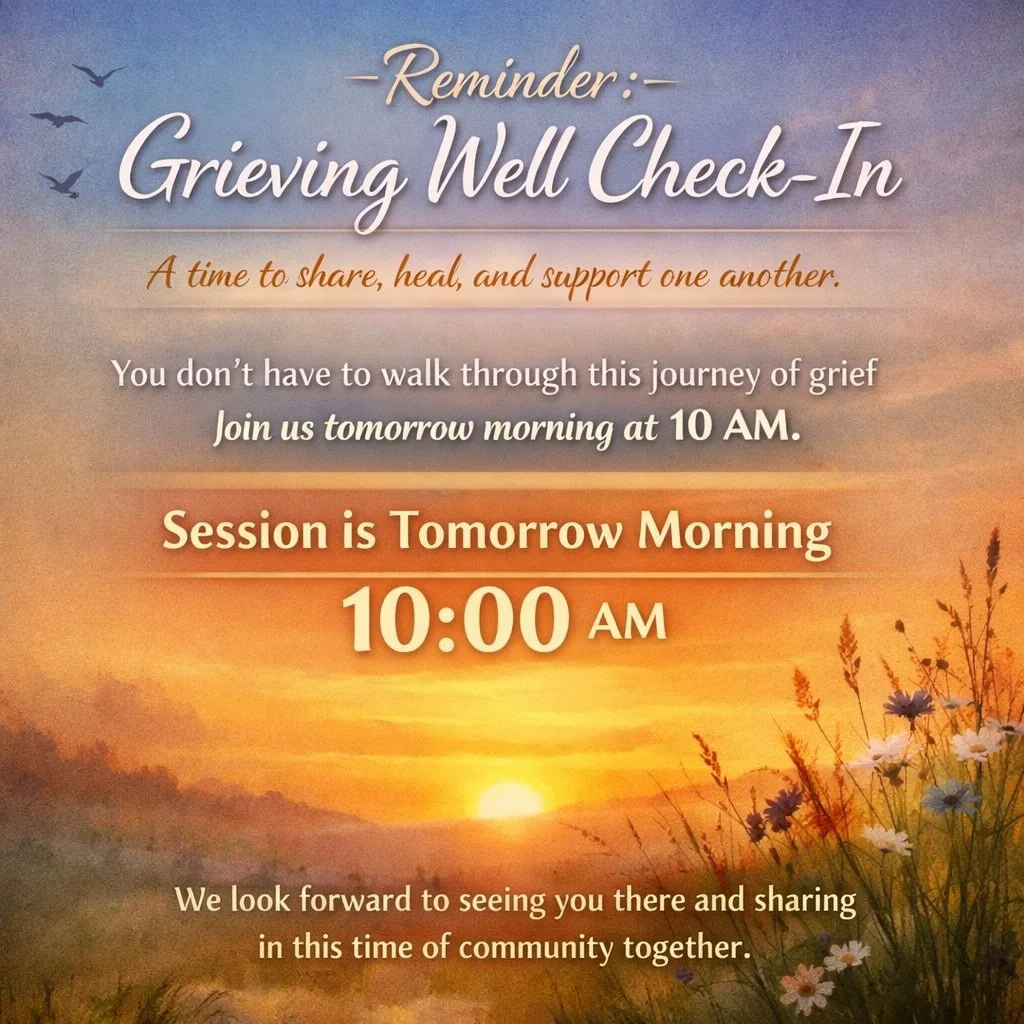 Join us tomorrow morning for our Grieving Well Check-In at 10:00 AM at M3 Church, 3300 Old Courthouse Rd., Richmond. This is a safe space to share, reflect, and support one another through grief. You do not have to walk this journey alone. We look fo