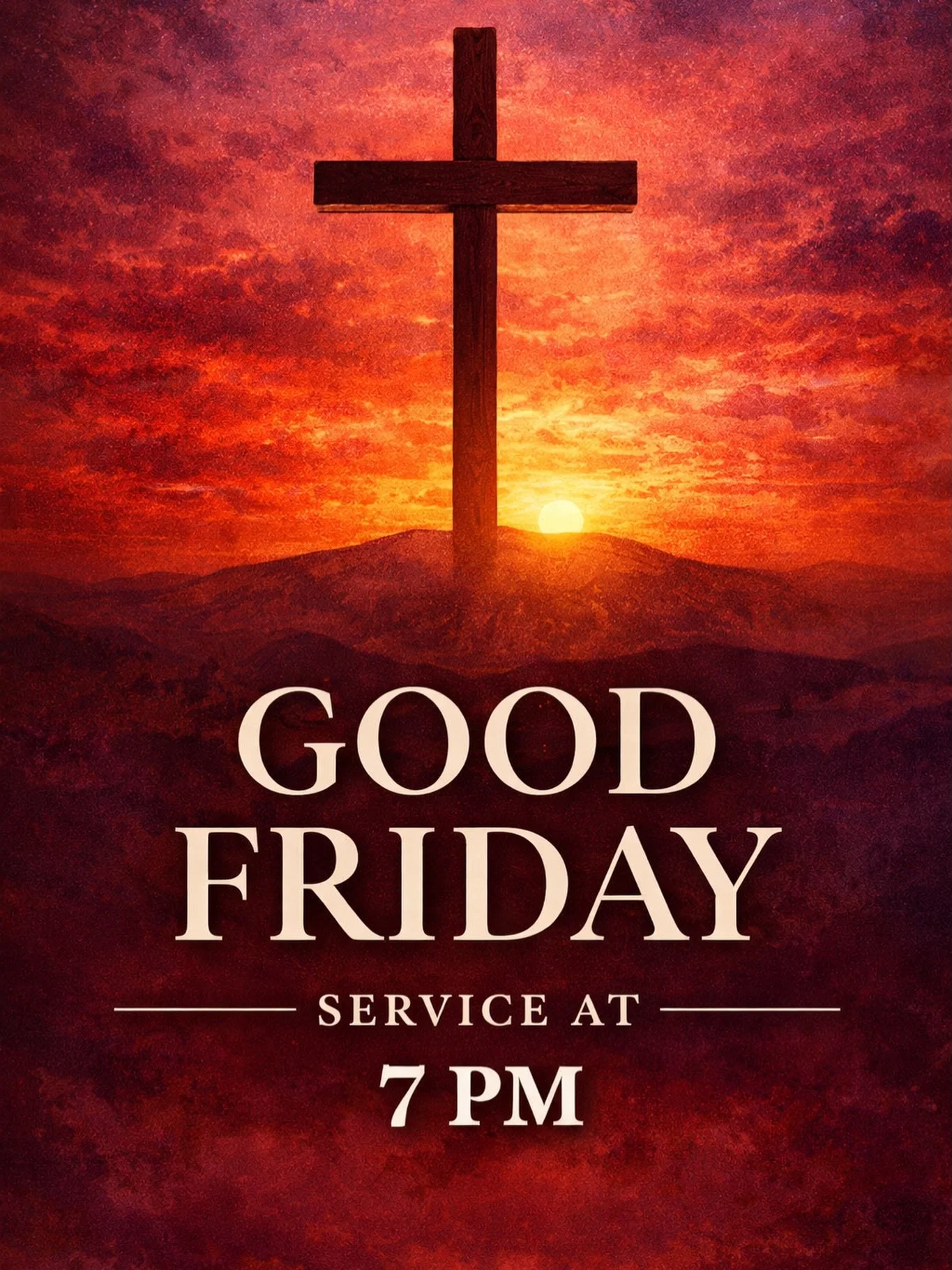 Join us this Good Friday at 7 PM as we
come together for a powerful night of worship, reflection, and gratitude for the sacrifice of Jesus Christ.

Good Friday reminds us of the depth of God&rsquo;s love and the price that was paid for our redemption