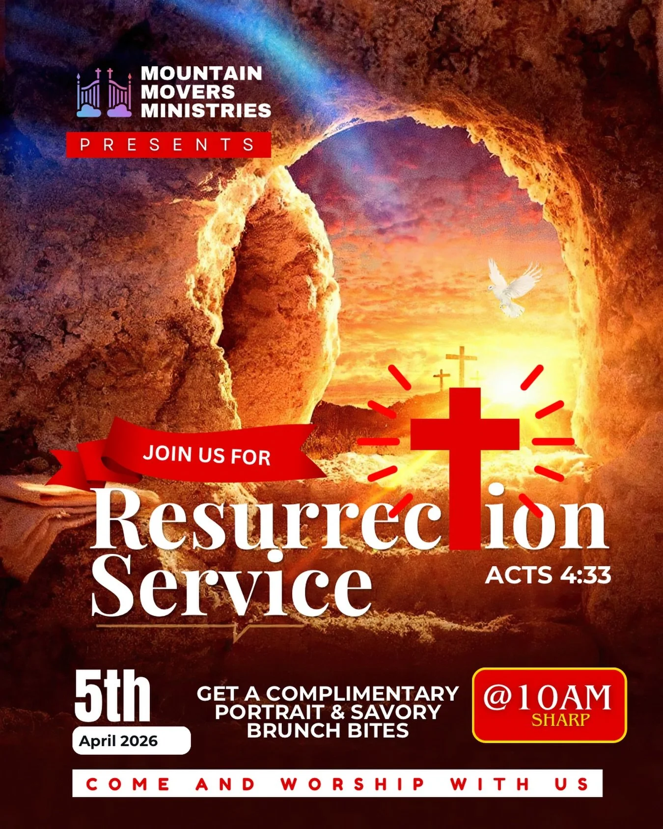 Join us for Resurrection Service on Sunday, April 5th at 10 AM sharp as we gather in faith, celebration, and gratitude for the resurrection power of Jesus Christ.

Come worship with us, hear a powerful word, and celebrate this holy day with family an