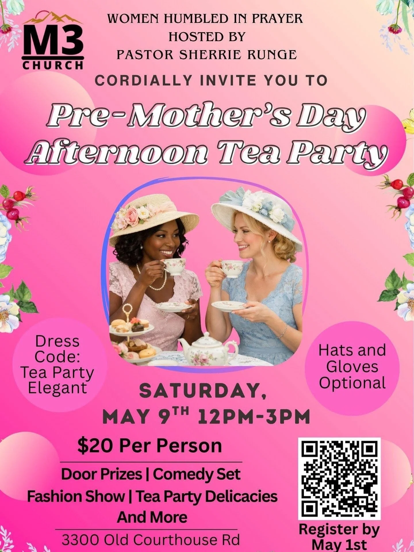 You&rsquo;re cordially invited to M3 Church&rsquo;s Pre-Mother&rsquo;s Day Afternoon Tea Party!
Join us on Saturday, May 9th from 12PM&ndash;3PM for an elegant afternoon filled with door prizes, a comedy set, fashion show, tea party delicacies, and m