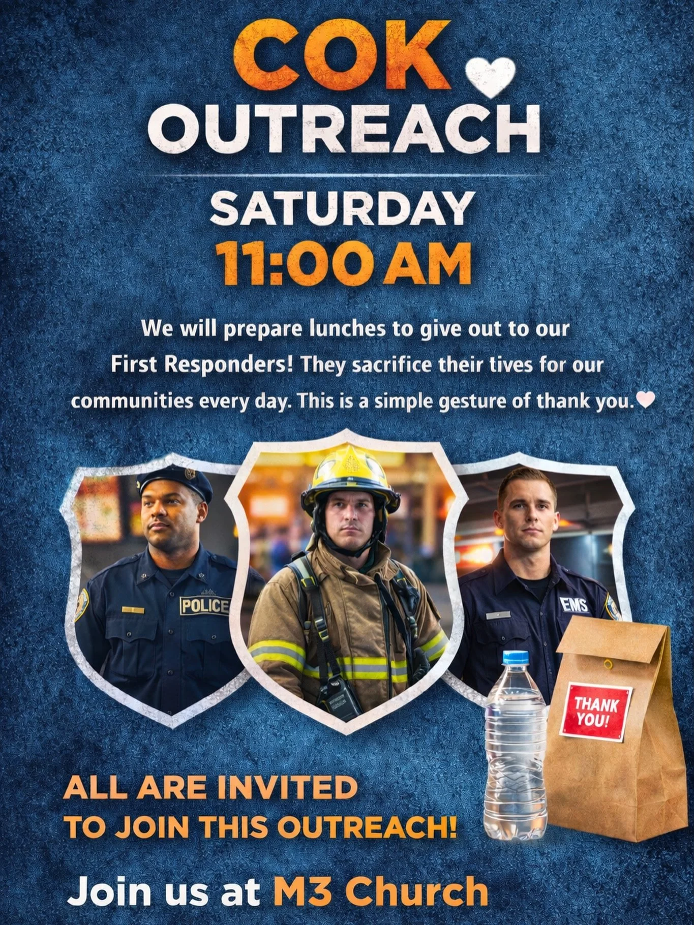 Join us this Saturday at 11AM at M3 Church for COK Outreach as we prepare lunches to give out to our First Responders. 

This is a simple but meaningful way to say thank you to the men and women who sacrifice so much for our communities every day. 

