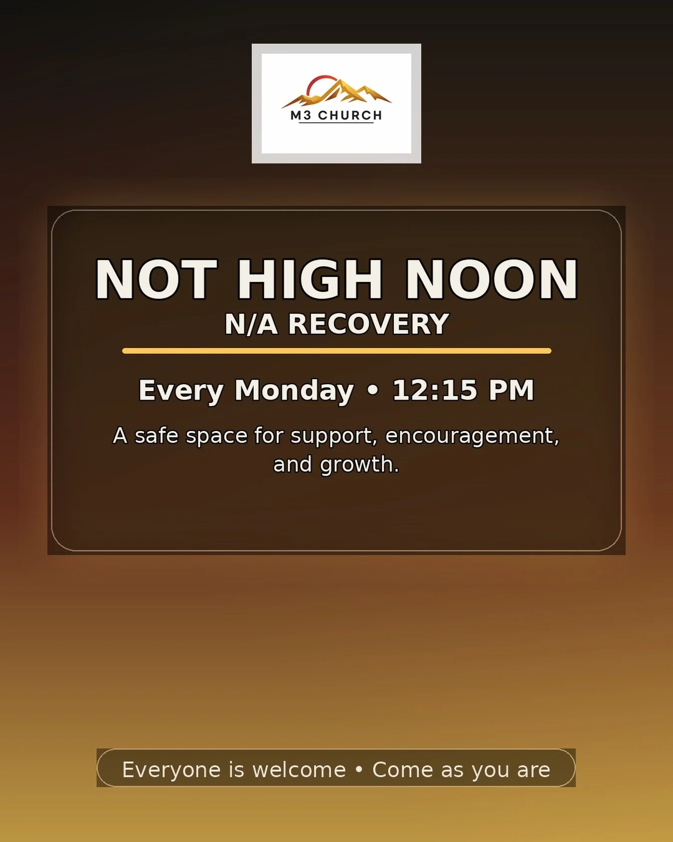 Not High Noon is more than a meeting, it&rsquo;s a safe space for support, encouragement, healing, and growth. 

Join us every Monday at 12:15 PM at M3 Church. Everyone is welcome, so come as you are.

 🤍 #M3Church #RecoverySupport #ComeAsYouAre #ri