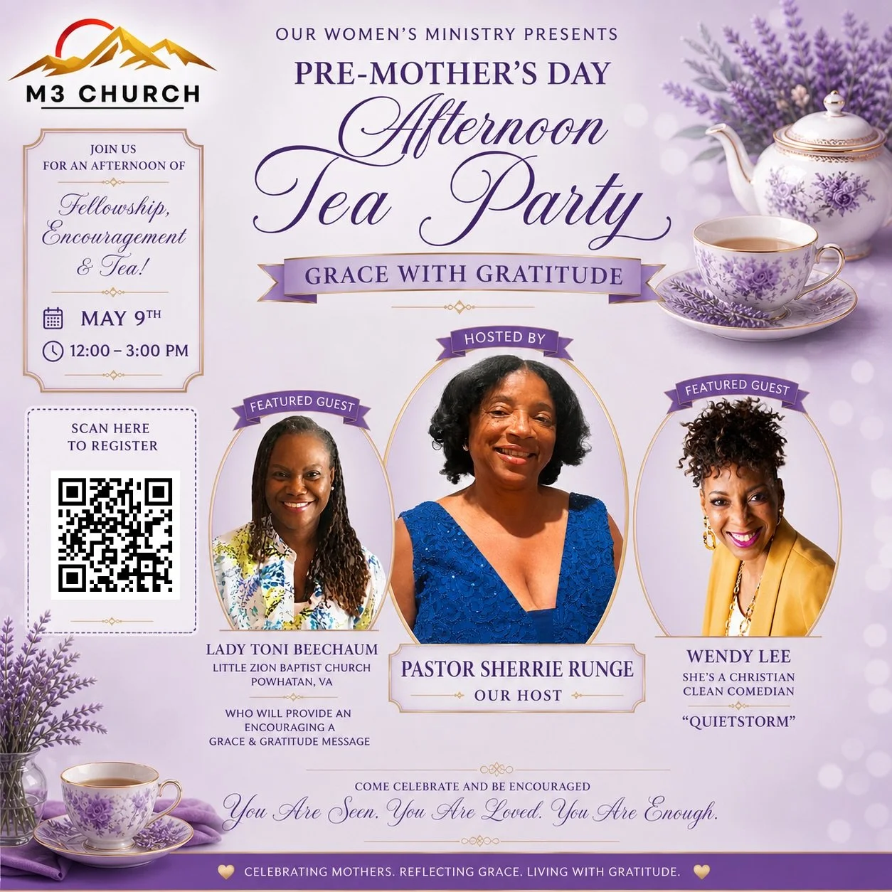 ✨ You&rsquo;re Invited ✨
Join us for a beautiful Pre-Mother&rsquo;s Day Afternoon Tea Party 💜

Come experience an afternoon filled with grace, gratitude, fellowship, and encouragement ☕🌸

🎤 Featuring:
💐 Lady Toni Beechaum &ndash; bringing an insp