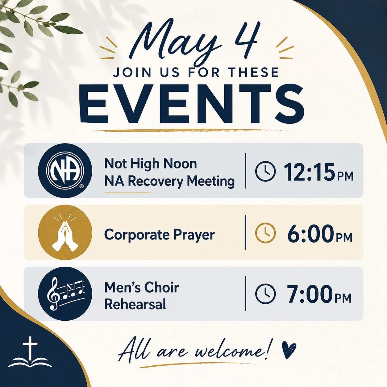 Join us tomorrow at M3! ✨

We have a full day of connection, prayer, and fellowship lined up&mdash;there&rsquo;s something for everyone 💙

🕛 Not High Noon NA Recovery Meeting &mdash; 12:15 PM
🙏 Corporate Prayer &mdash; 6:00 PM
🎶 Men&rsquo;s Choir