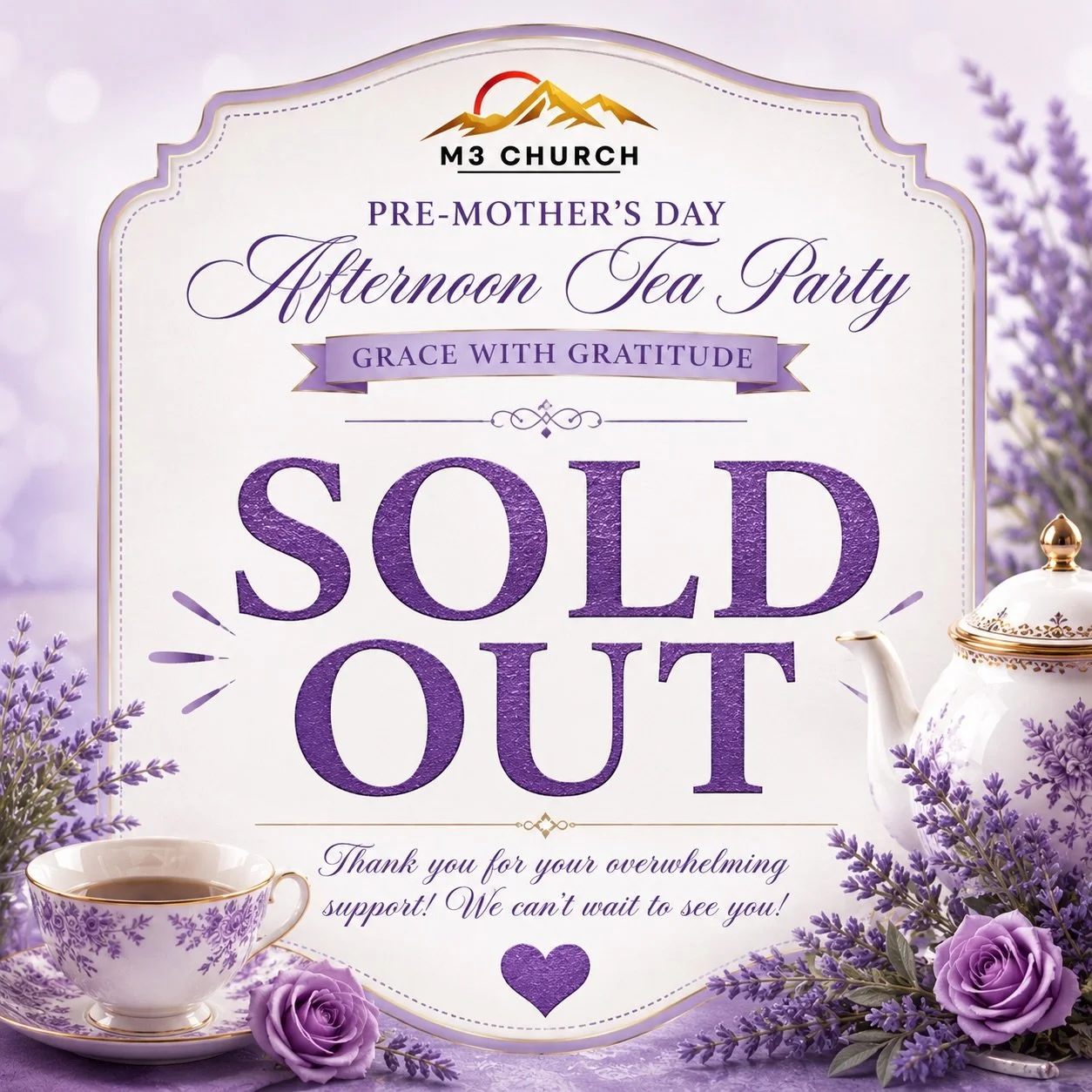 ✨ SOLD OUT ✨

We are overwhelmed with gratitude for the amazing support shown for our Pre-Mother&rsquo;s Day Afternoon Tea Party: Grace With Gratitude 💜☕️

Thank you to everyone who registered, shared, invited others, and helped make this event so s