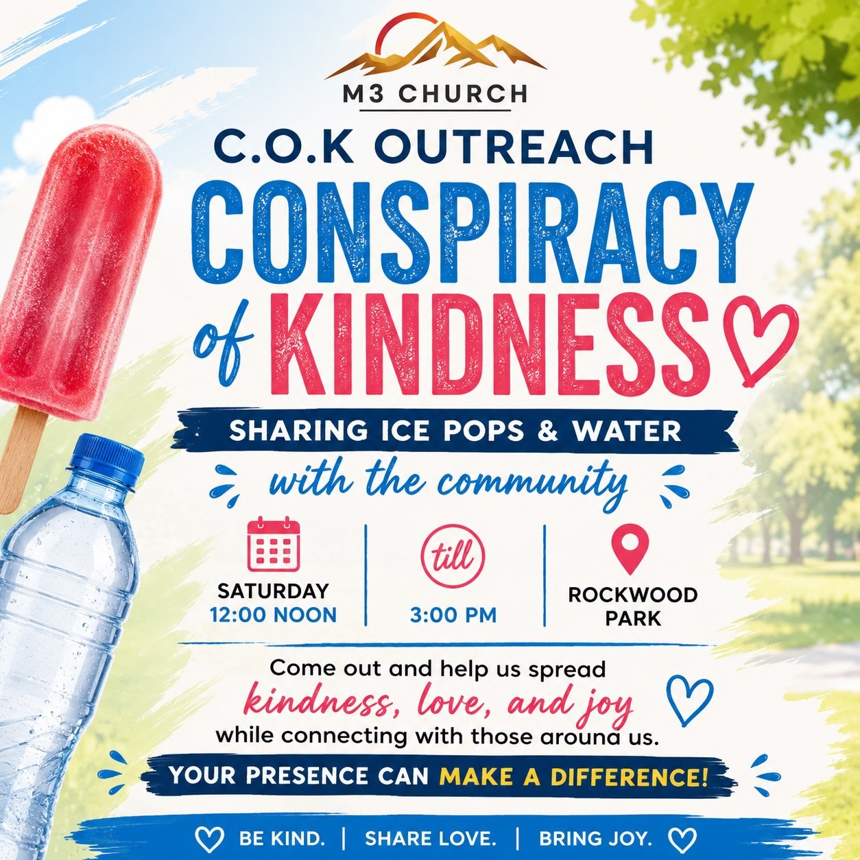 Everyone is welcome to join us this Saturday from 12:00 Noon &ndash; 3:00 PM at Rockwood Park for our C.O.K Outreach: Conspiracy of Kindness! 💙☀️

We&rsquo;ll be sharing free ice pops, water, kindness, love, and joy with our community. Come connect,