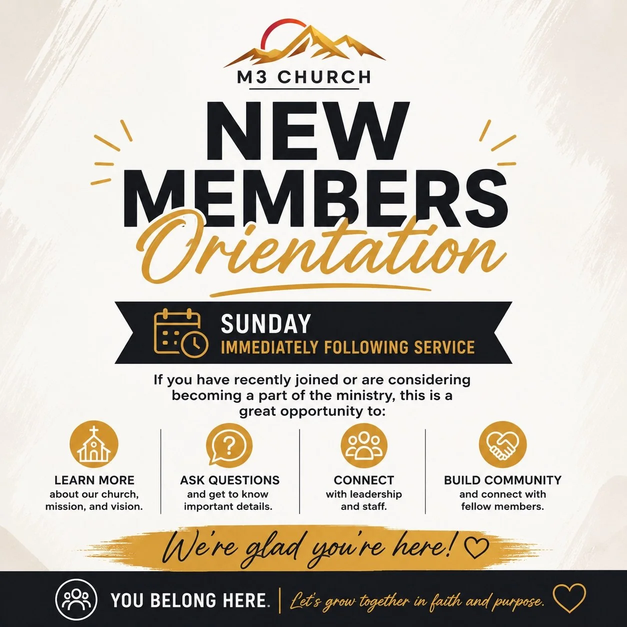 Are you new to M3 Church or thinking about becoming part of the ministry? Join us this Sunday immediately following service for our New Members Orientation! ⛰️✨

This is a great opportunity to learn more about the vision and mission of M3 Church, ask