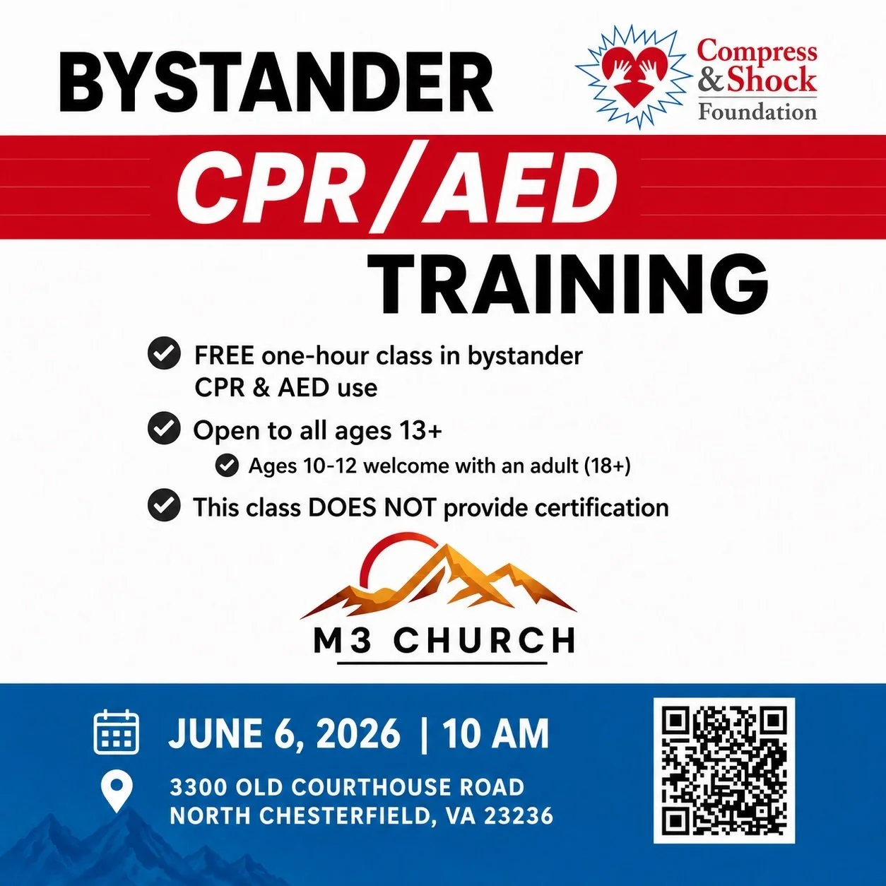 🚨 FREE BYSTANDER CPR/AED TRAINING 🚨

M3 Church is hosting a FREE one-hour CPR &amp; AED training class in partnership with Compress &amp; Shock Foundation ❤️

⚠️ This training is MANDATORY for all church leaders.
Community members and anyone intere