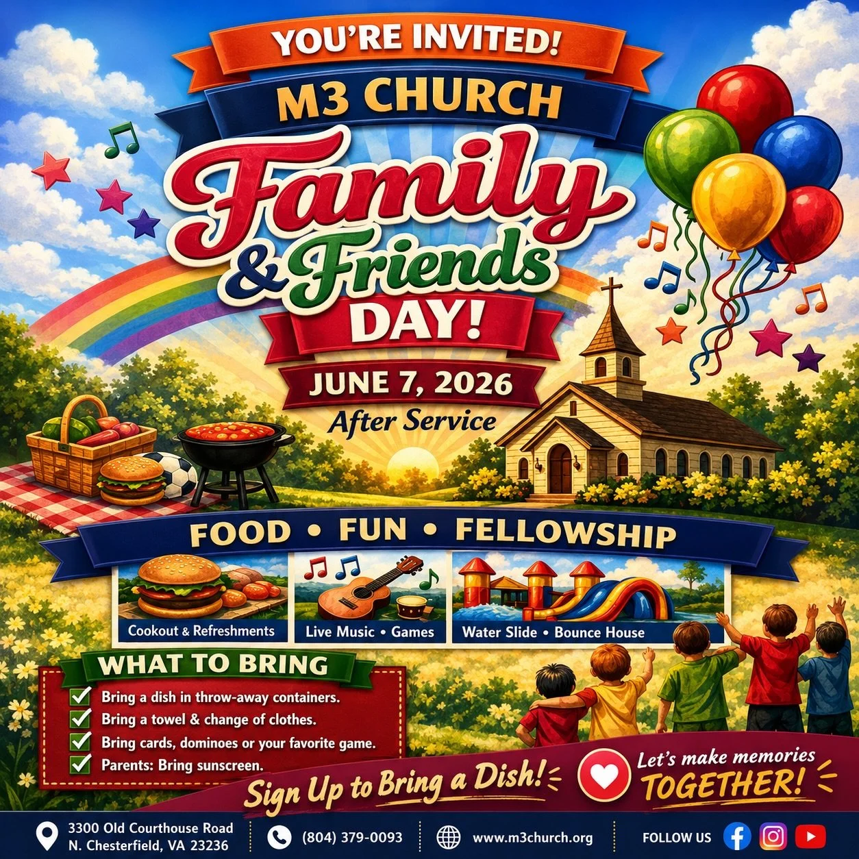 🎉 FAMILY &amp; FRIENDS DAY IS ALMOST HERE! 🎉

Grab your family, invite your friends, and come hang out with us at M3 Church for an afternoon full of fun, food, fellowship, and great memories!

☀️ Relax under the pavilion
🍔 Enjoy delicious food pro