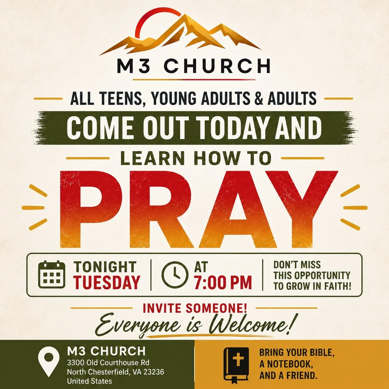 🚨 TONIGHT AT 7 PM! 🚨

Calling all Teens, Young Adults, and Adults!

Have you ever wondered:
🙏 How do I pray?
🙏 What should I pray for?
🙏 How can I grow closer to God through prayer?

Join us tonight for Tuesday Night Bible Study as we learn abou