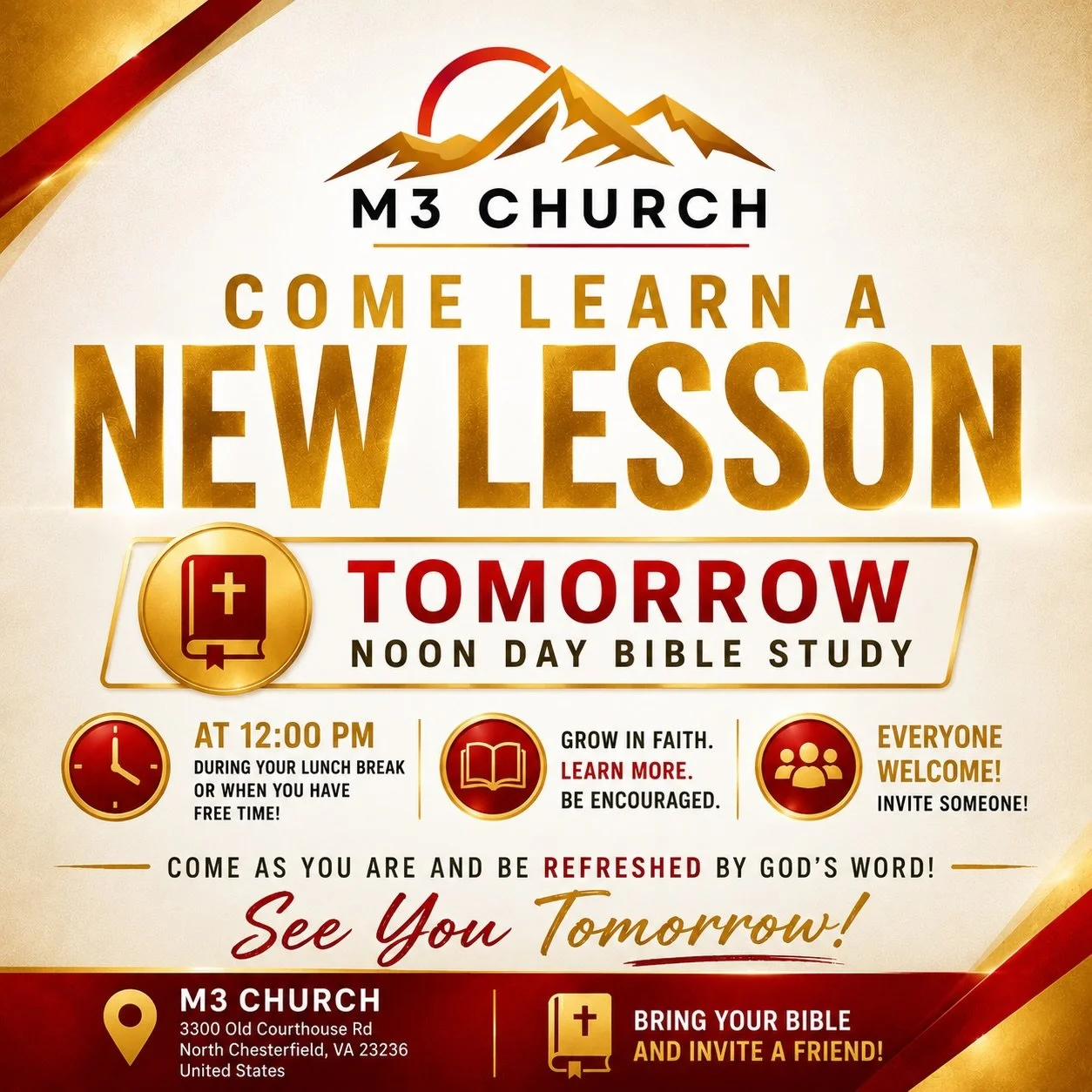 📖 Need a midweek reset? Join us tomorrow for Noon Day Bible Study!

If you missed Tuesday night&rsquo;s lesson, here&rsquo;s another opportunity to grow in God&rsquo;s Word and strengthen your faith.

Whether you&rsquo;re on your lunch break, have a