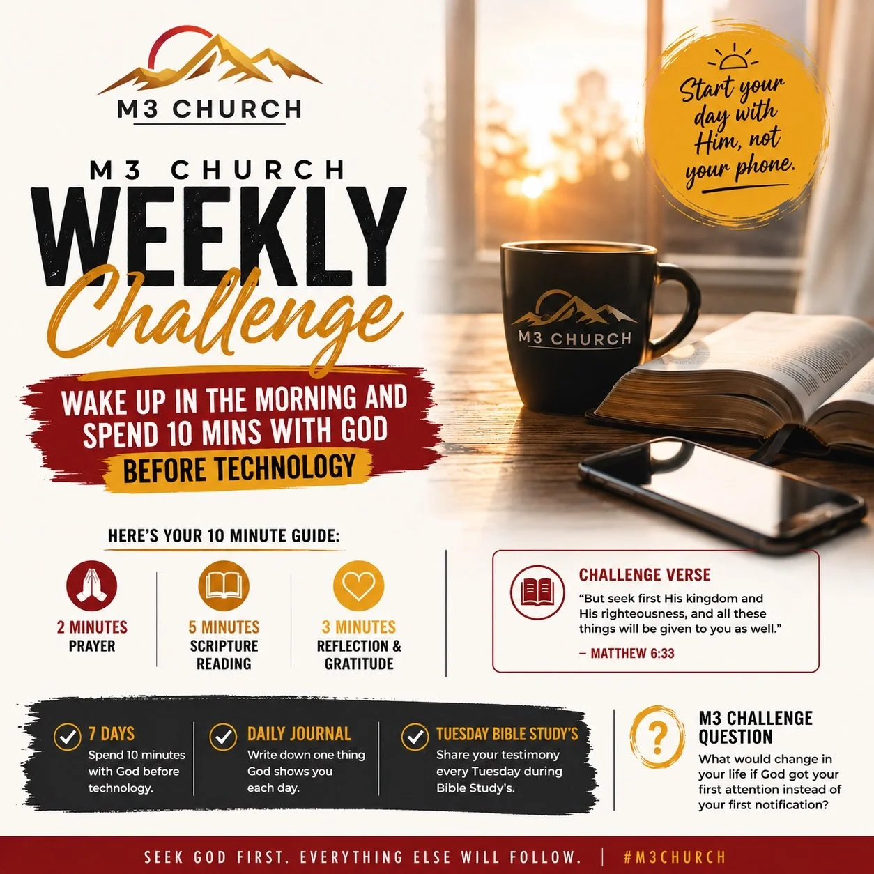 📖✨ M3 Church Weekly Challenge ✨📖

This week, we&rsquo;re challenging everyone to give God the first 10 minutes of your day before technology.

Before the phone.
Before social media.
Before the emails and notifications.

Start your morning with:
🙏 