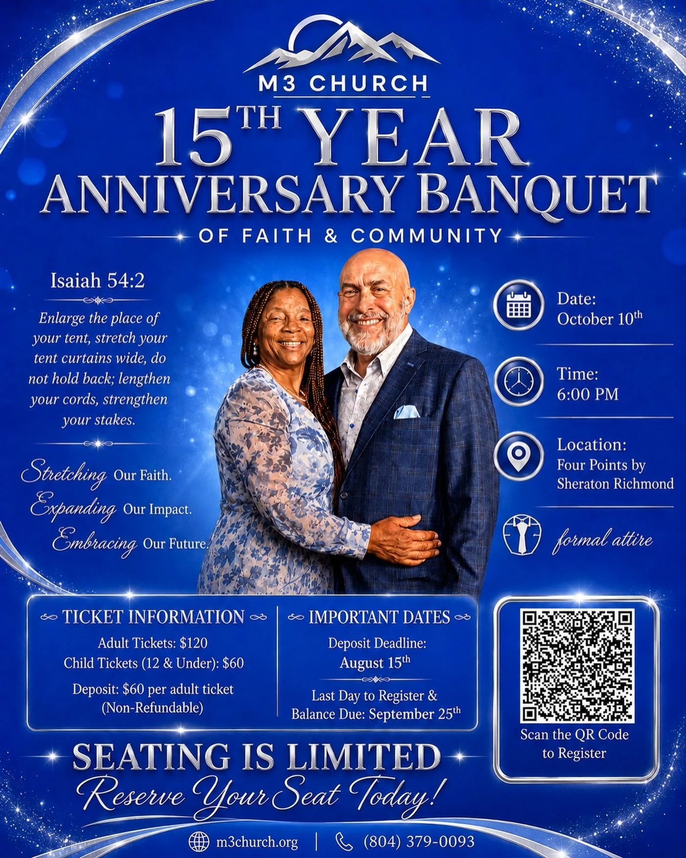 ✨ M3 CHURCH 15TH YEAR ANNIVERSARY BANQUET ✨
Of Faith &amp; Community

&ldquo;Enlarge the place of your tent, stretch your tent curtains wide, do not hold back; lengthen your cords, strengthen your stakes.&rdquo;
&mdash; Isaiah 54:2

Join us as we cel