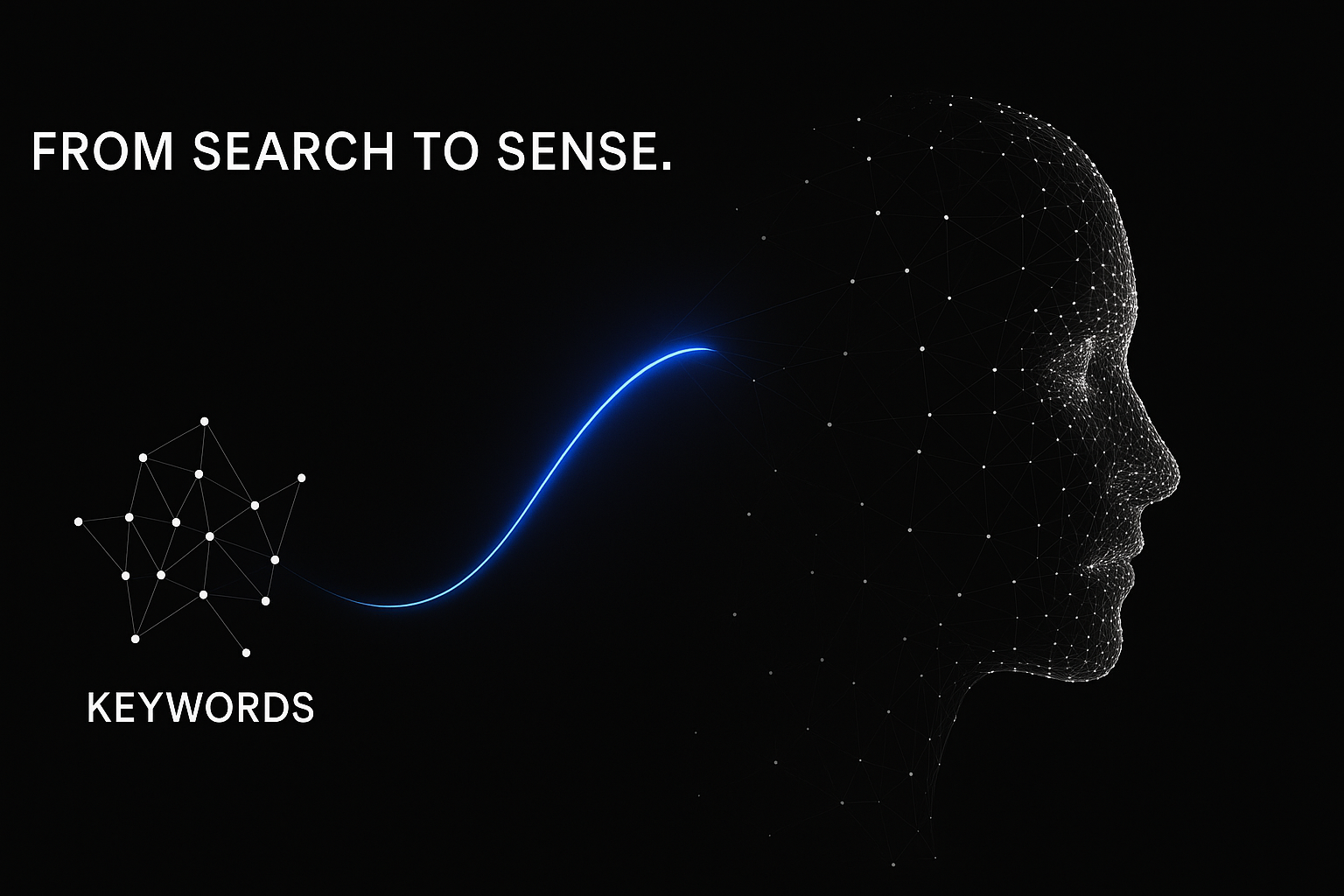 Abstraktes Key Visual zu GAIO: Eine blaue Lichtlinie verbindet ein Netzwerk aus Keywords mit einem Gesicht aus Datenpunkten – Symbol für den Wandel von SEO zu KI-Verständnis.
